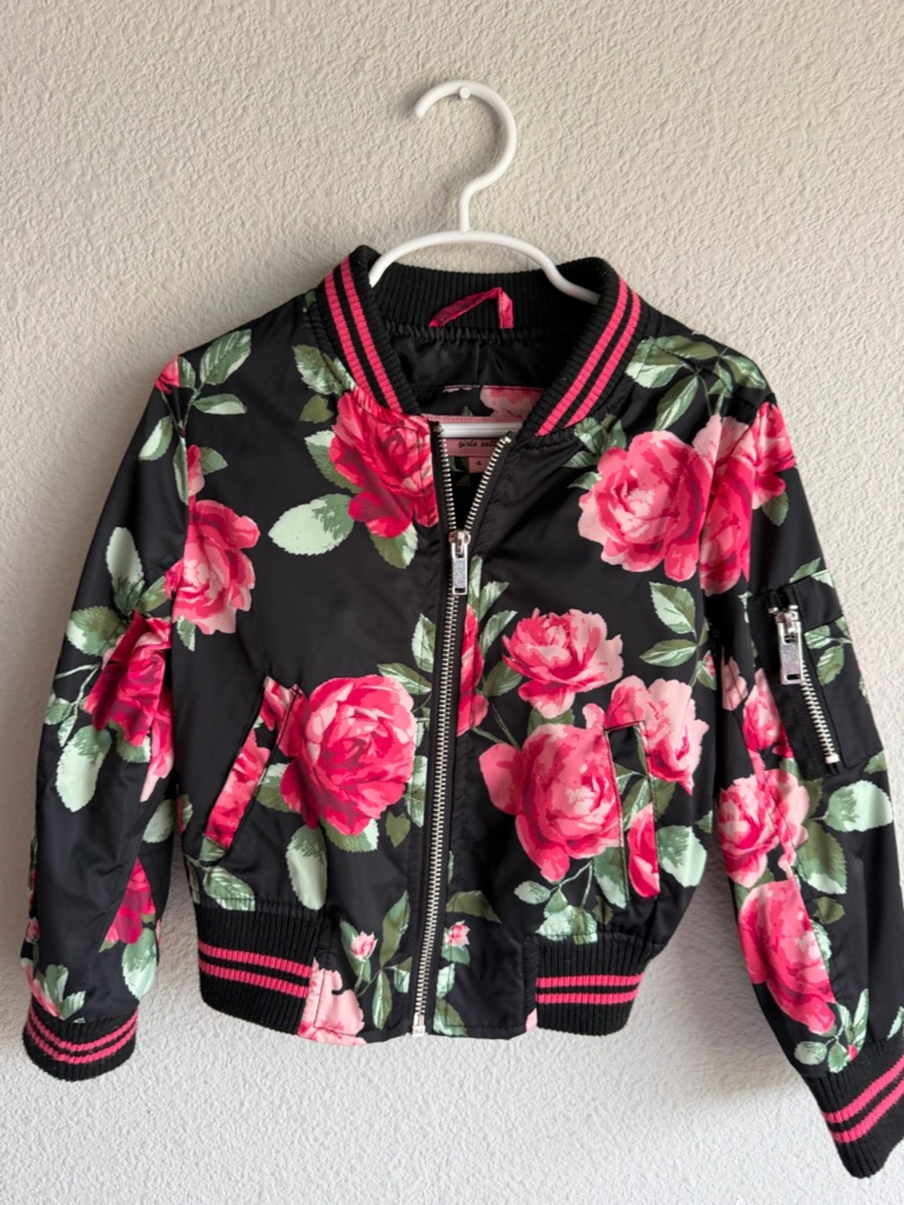 Urban Republic Black Bomber Jacket with Pink Rose Print